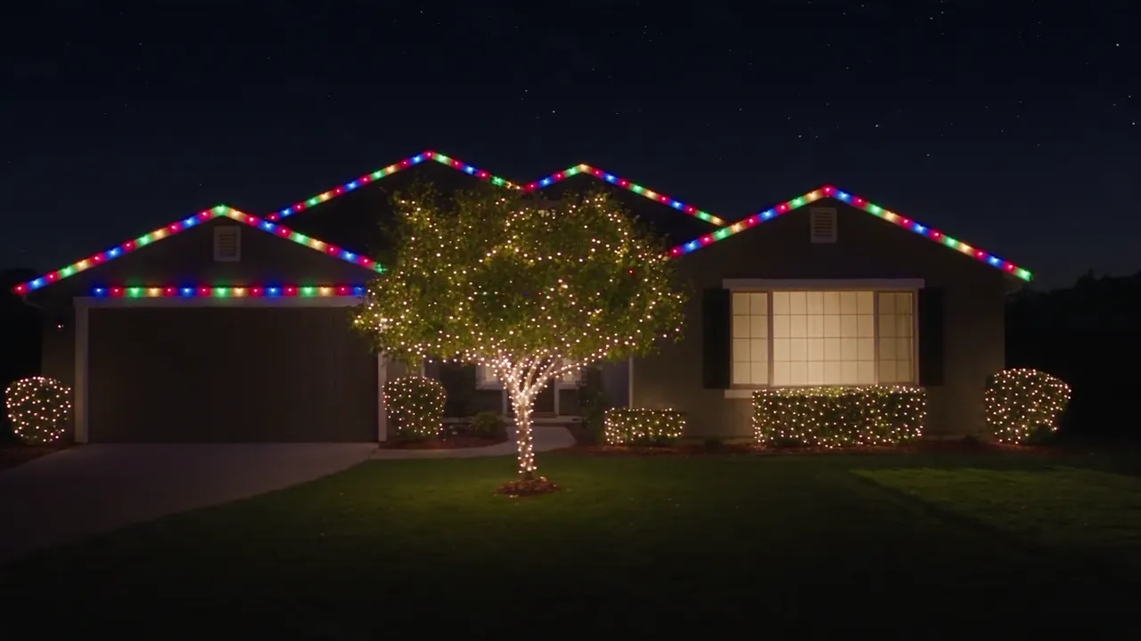 Home with multicolor Christmas lights along the roofline