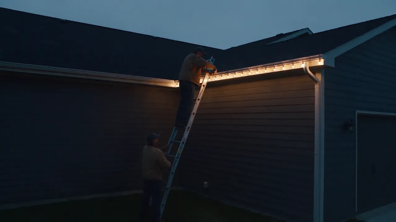 Installer on a ladder clipping lights to a roofline at dusk