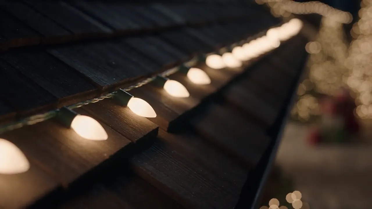 Close-up of warm white bulbs along roof shingles