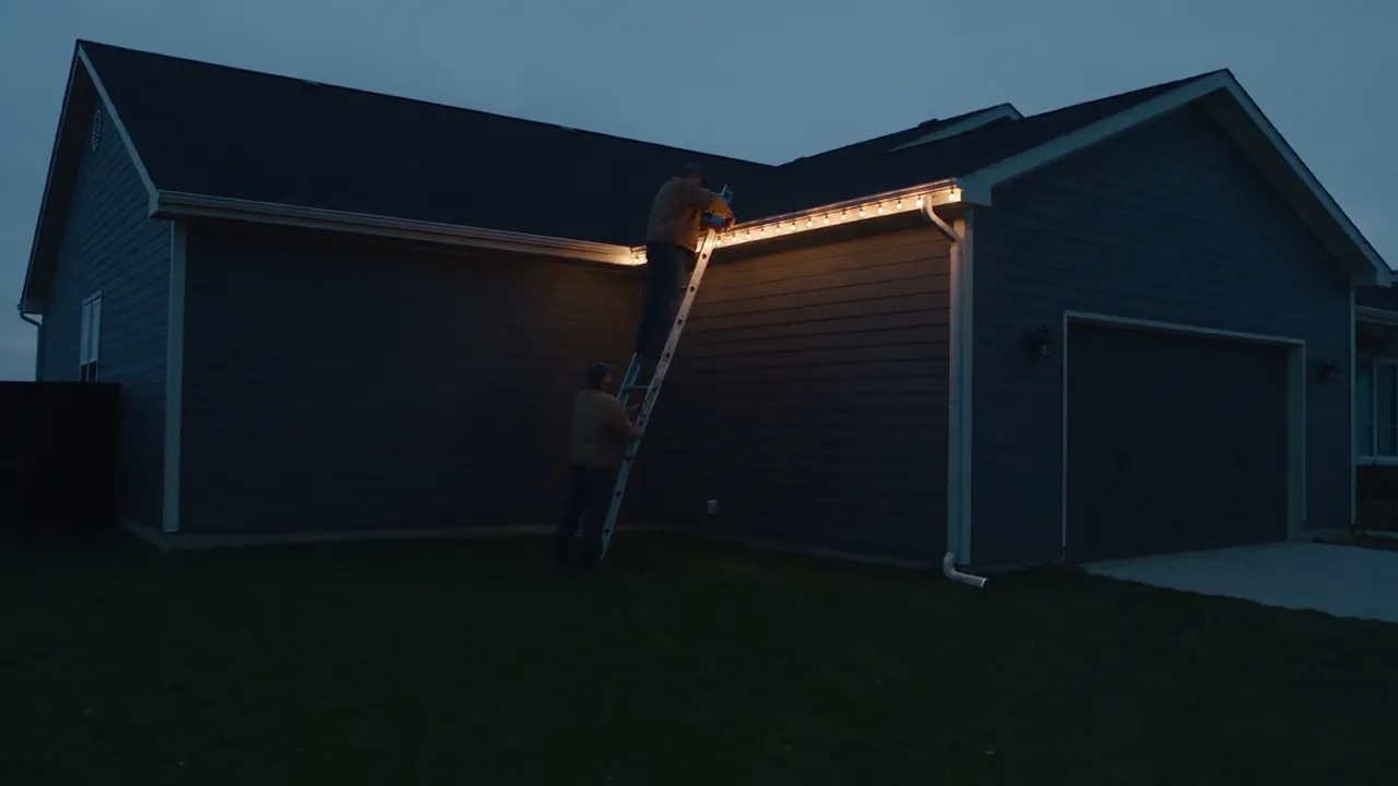Crew removing lights from a home at dusk